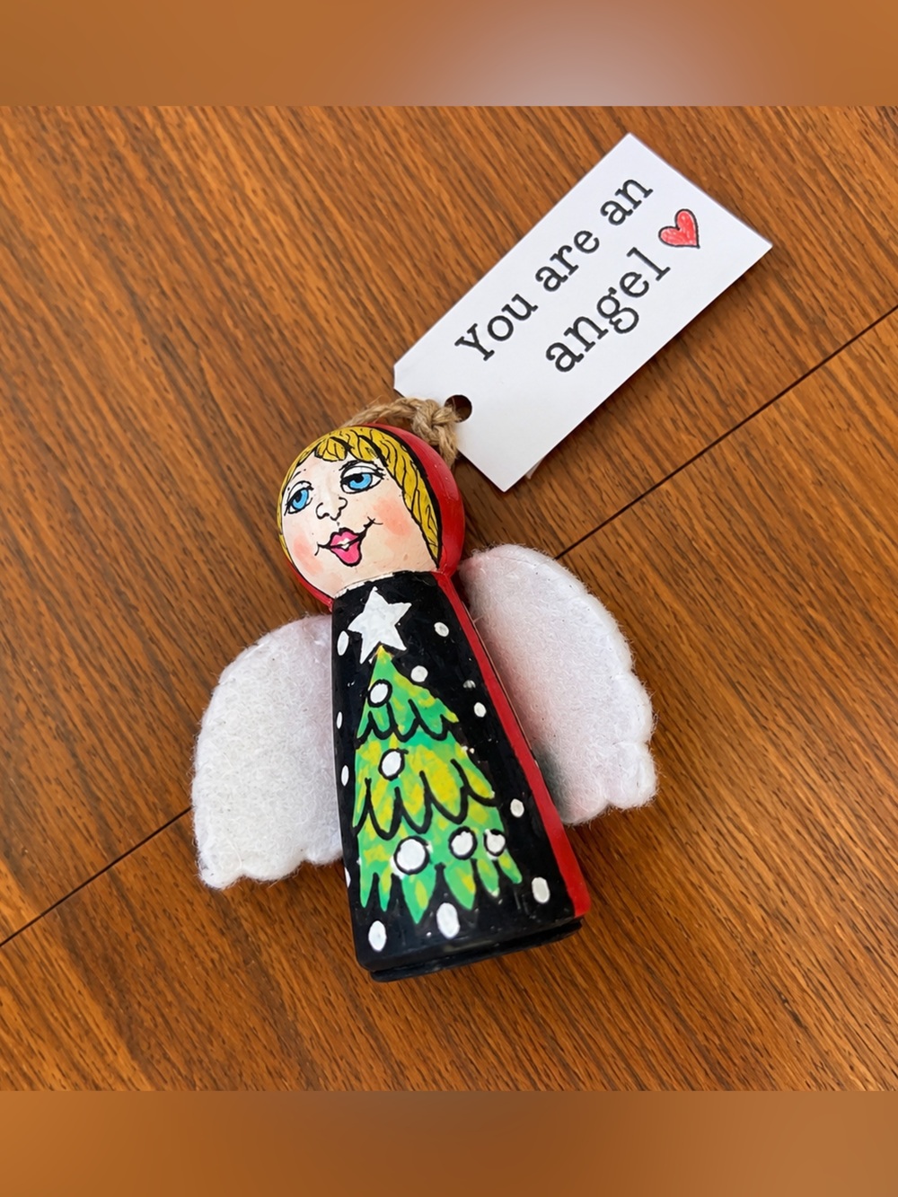 Hand-Painted Multicolor Angel Ornament with White Felt Wings